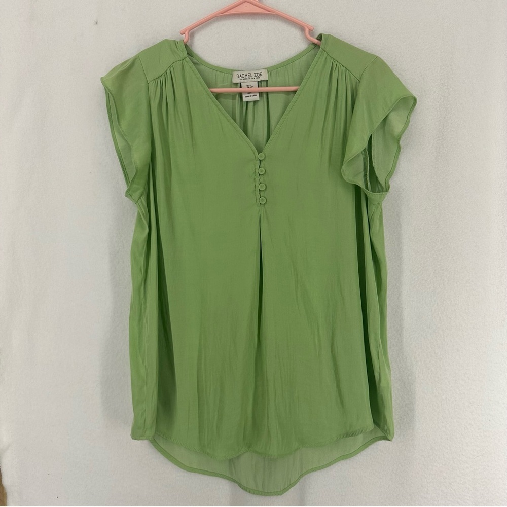 Rachel Zoe Short Sleeve Ruffle Sleeve Button Blouse Womens Small Green
